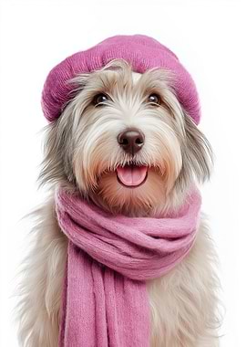 Cozy Tibetan Terrier Wearing Pink Hat and Scarf