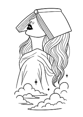 Woman with Book Hat and Clouds