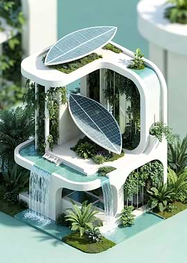 Futuristic Eco-Friendly Building with Waterfalls