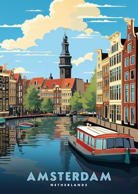 Amsterdam Canal with Boat and Buildings