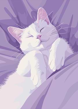 Sleeping White Cat on Purple Blanket