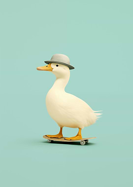 Duck on a skateboard wearing a hat