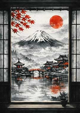 Mount Fuji with Red Sun and Pagodas