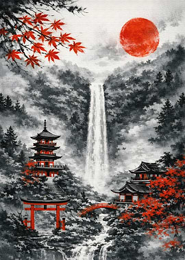Japanese Waterfall Pagoda and Torii Gate
