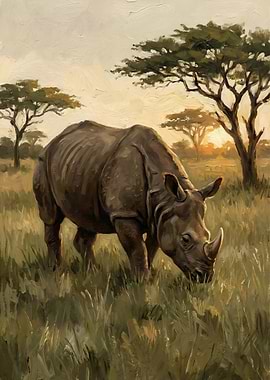 Rhino Grazing in African Savannah