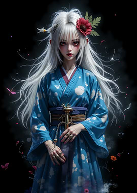 Anime Woman in Blue Kimono with Sword