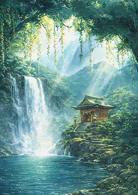 Tranquil Japanese Shrine by Waterfall