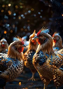 Roosters with Decorative Feathers