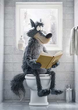 Wolf Reading on Toilet