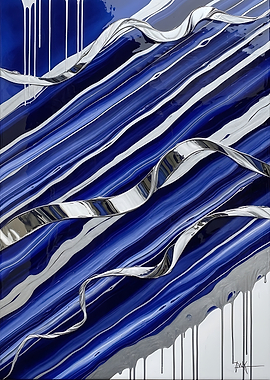 Blue Abstract Wall Art for Living Room – Silver Modern Luxury Decor