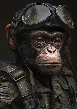 Chimpanzee in military gear and goggles
