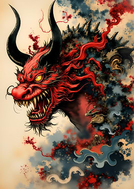Fierce Red Dragon with Black Horns