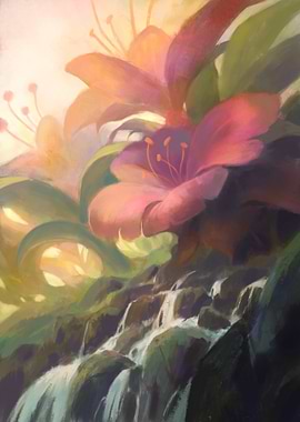 Lush Waterfall with Blooming Flowers