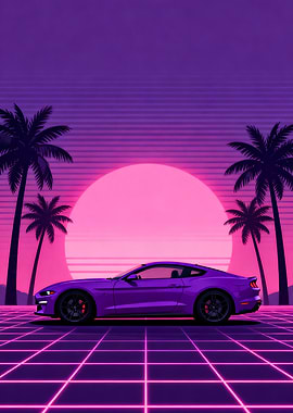 Purple Sport Car on Retro Grid