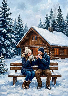 Couple enjoying hot drinks in snowy cabin setting