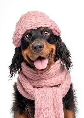 Cozy Gordon Setter Dog Wearing Pink Scarf and Hat