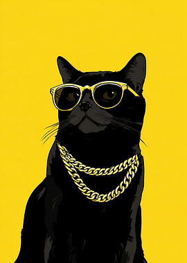 Cool Black Cat with Gold Chain and Sunglasses