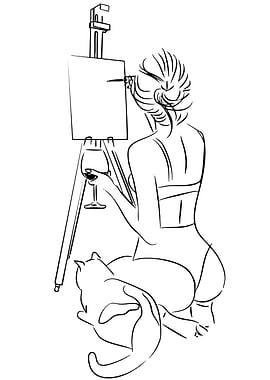 Artist painting with cat and wine