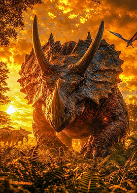 Triceratops in a fiery sunset