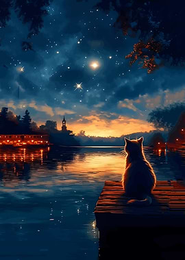 Cat on Dock at Sunset