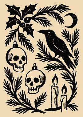 Gothic Holiday Scene with Crow and Skulls