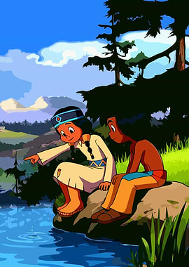 Two Native American children by the water