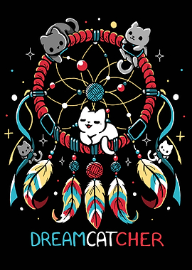 Cute Cat Dreamcatcher with Feathers