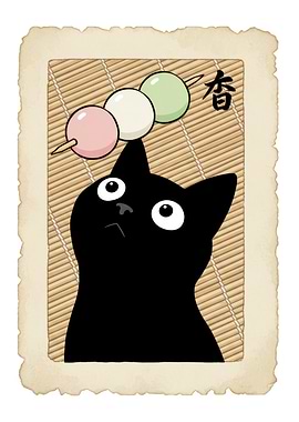 Vintage Japanese Black Cat Looking at Dango