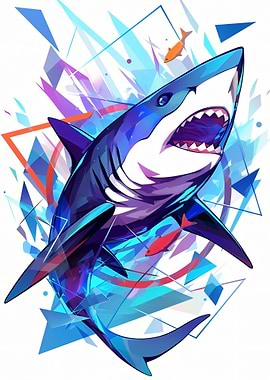 Aggressive Shark with Geometric Background