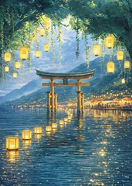 Floating Lanterns at a Japanese Torii Gate