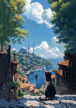 Cat overlooking a scenic cityscape