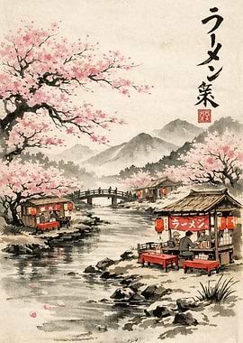 Japanese Ramen Shop Under Cherry Blossoms