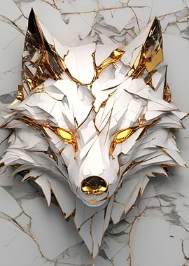 White and Gold Wolf Head Sculpture