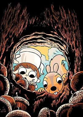 Child and Squirrel in Acorn Pile