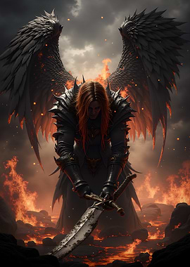Dark Angel Warrior in Fiery Landscape