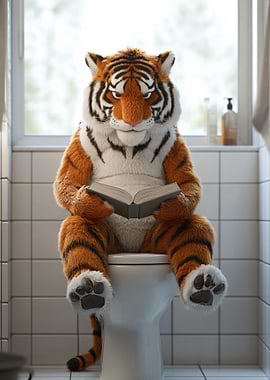 Tiger reading on a toilet