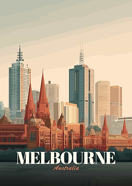 Melbourne Skyline Vintage Poster