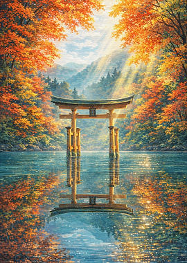 Torii Gate in Autumn Lake