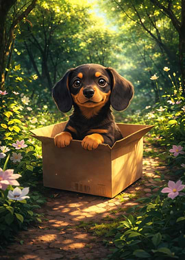Cute Dachshund Puppy in a Cardboard Box