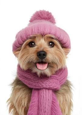 Cozy Norwich Terrier Dog Wearing Pink Hat and Scarf