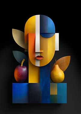 Abstract Geometric Portrait with Fruit