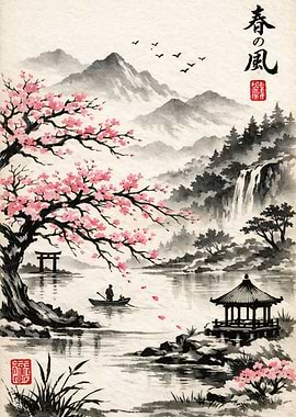 Japanese Spring Landscape with Cherry Blossoms