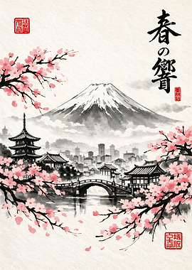 Mount Fuji with Cherry Blossoms and Pagoda