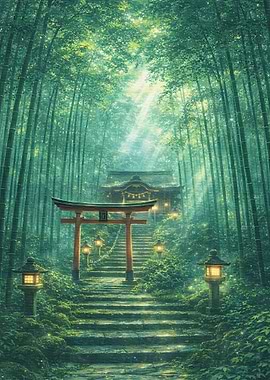Serene Bamboo Forest Shrine Path