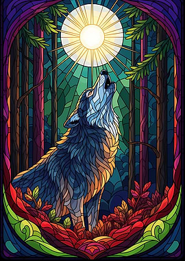 Wolf howling at the moon in stained glass forest