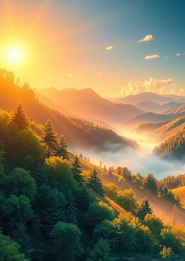 Sunrise over misty mountains