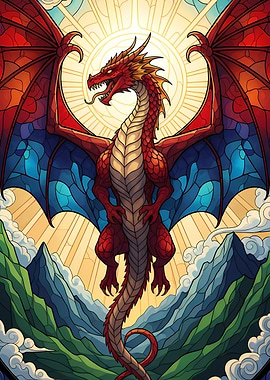 Stained Glass Dragon Over Mountains