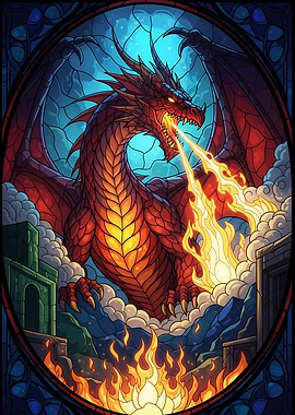 Dragon Breathing Fire in Stained Glass Style