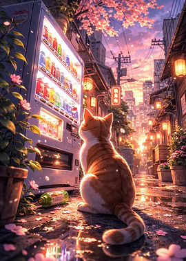 Cat by Vending Machine at Sunset