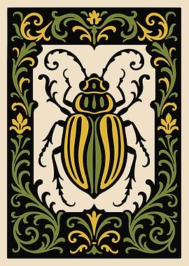Stylized Beetle with Floral Border